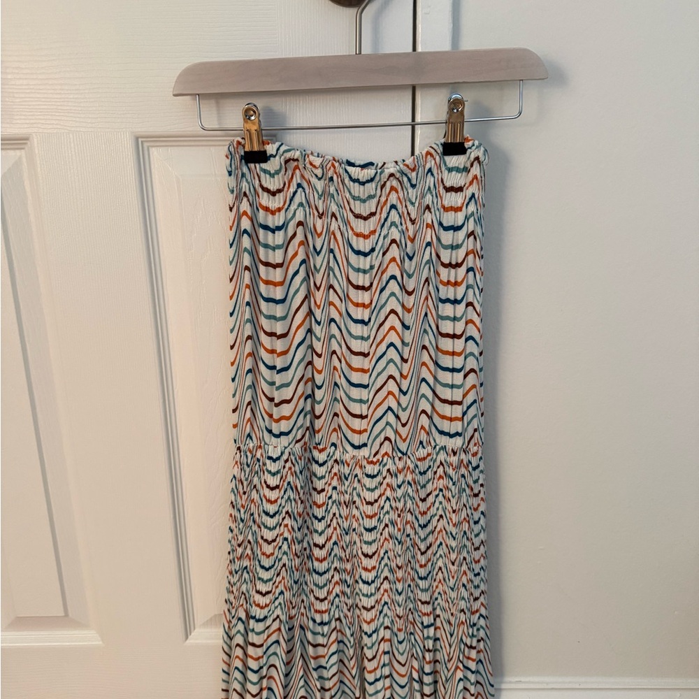 Olivaceous Strapless Maxi Dress in White with Teal and Rust Waves
